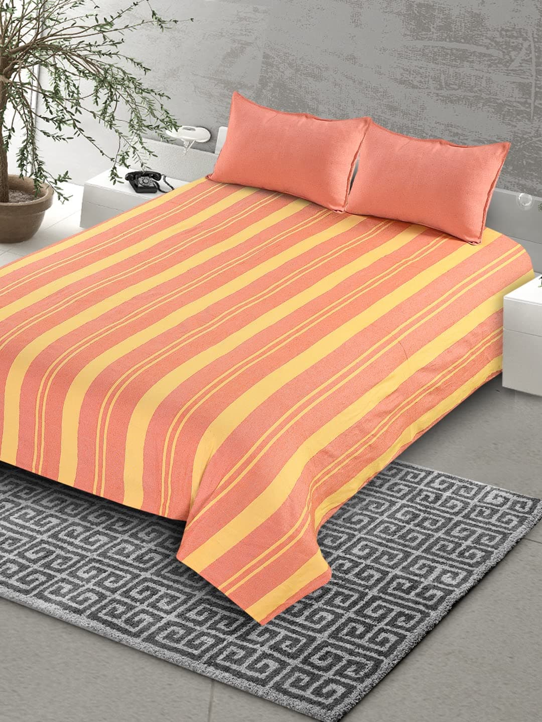Saral Home Soft Cotton Striped Breathable & Wrinkle Free Bedsheet for Double Bed- 1 Queen Size Bedsheet with 2 Pillow Covers (Orange,90"X100")