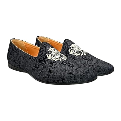 San Frissco Men's Formal Loafers with Velvet Embroidered Design Trending Shoes/Moccasins Jutti for Festive, Wedding, Party Slip-On Loafers/Stylish Lightweight and Comfortable Mojaris - 11 (Black)