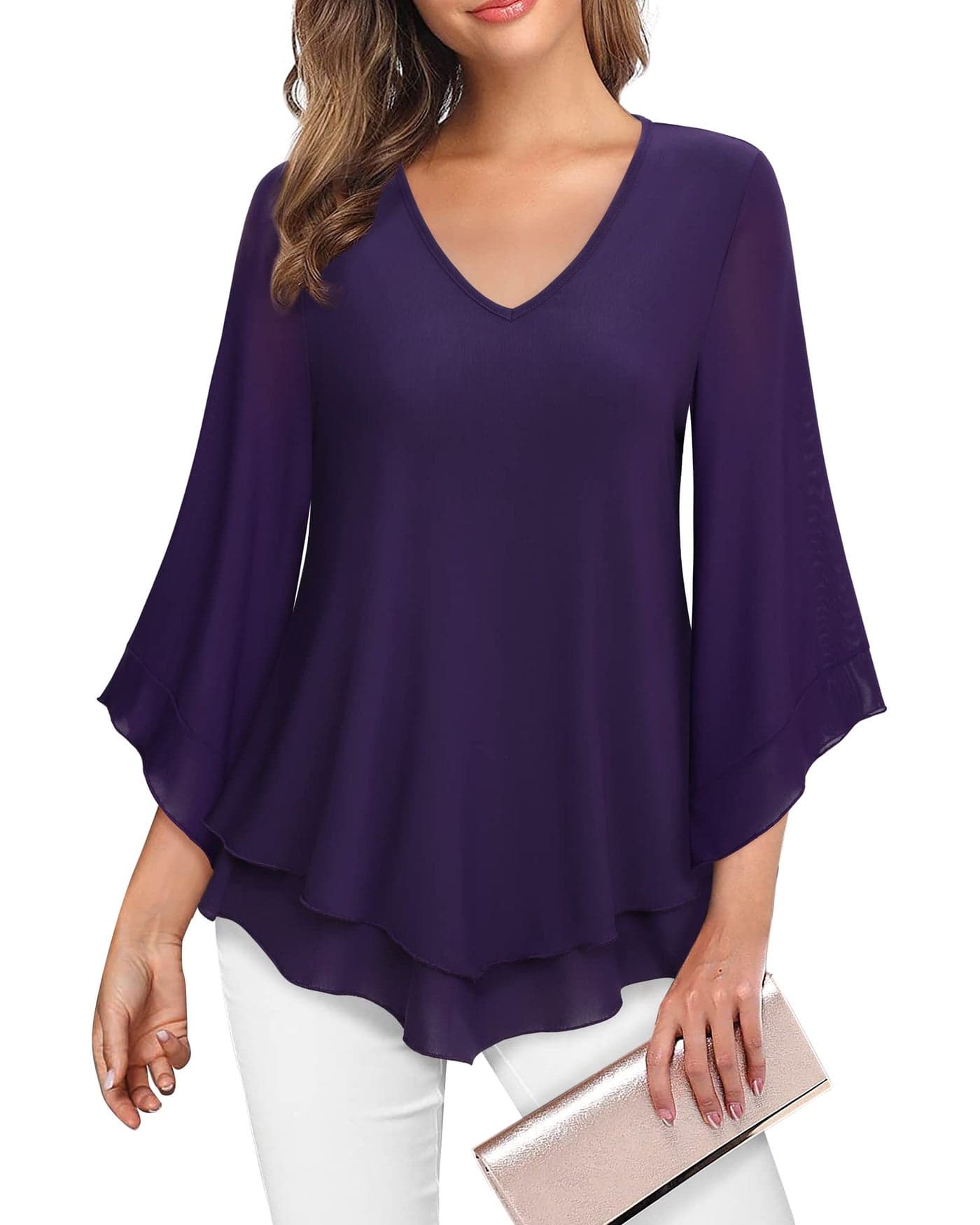Lotusmile Dressy Tops for Women, Womens Tunic Tops to Wear with Leggings 3/4 Sleeve Formal Tops for Women Elegant Evening Wedding Party Blouse V Neck Flattering Top to Hide Belly Shirt, Deep Purple M