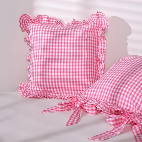 Sleepy Threads Cotton Pink Cushion Covers, 16x16 Inches Pack of 2,Checkered Pattern with Frill Border,Decorative Throw Cushion Cases for Sofa, Couch, Living Room, Bedroom & Deewan-40x40 cm, 180 TC