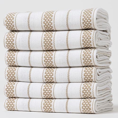 Casa De Lan Kitchen Towels Set – Pack of 6 (20’’ x 30’’) Extra Large Premium Cotton Dish Towels for Kitchen – Chain Stripe Towels – Absorbent – 100% Cotton – with Hanging Loop – Beige