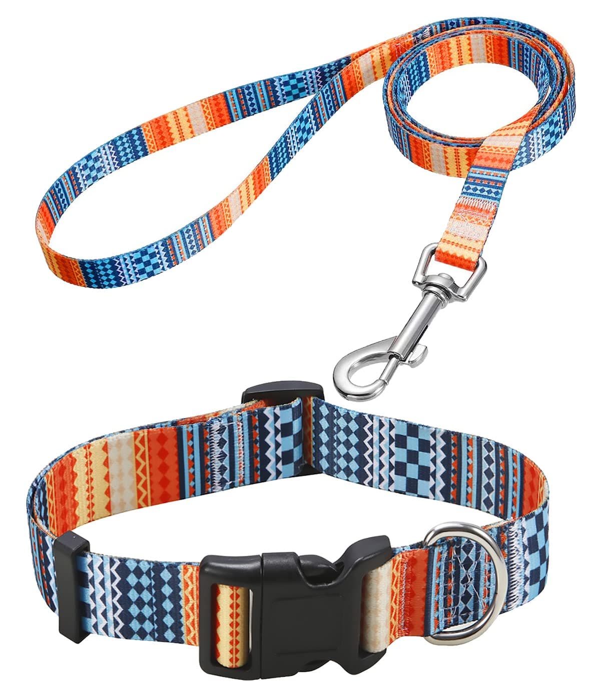 Mihqy Dog Collar and Leash Set with Bohemia Floral Tribal Geometric Patterns - Soft Ethnic Style Collar Adjustable for Small Medium Large Dogs(Bohemian Orange Set,S)
