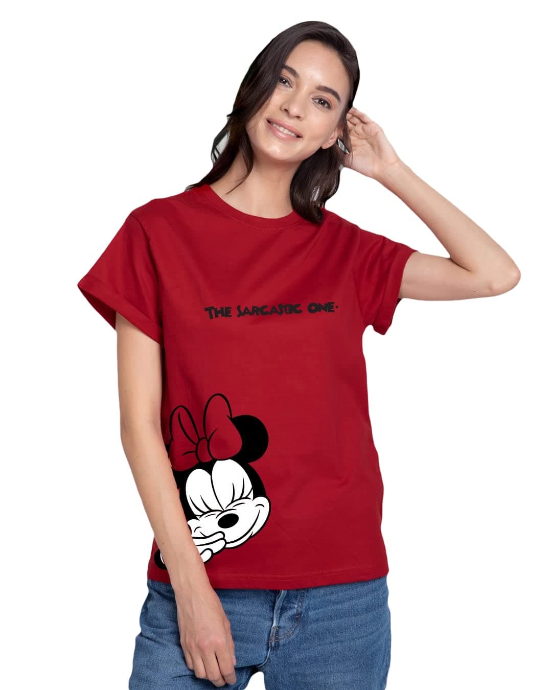 Bewakoof Official Disney Merchandise Minnie Women's Graphic Printed Boyfriend Fit Half Sleeve Round Neck Cotton Loose Fit T-Shirt_386575_Red_XS