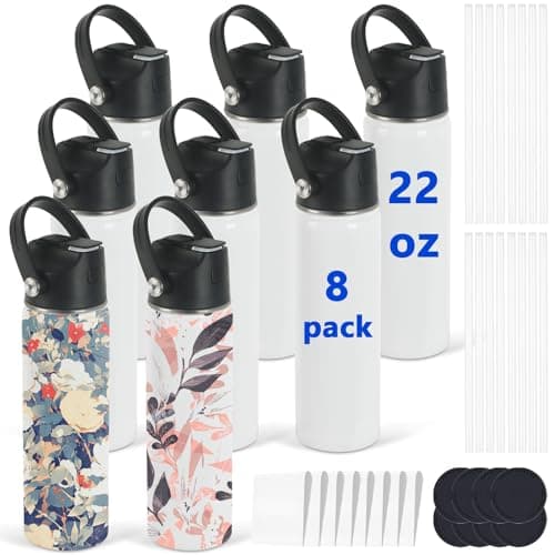 Draheri Sublimation Sports Water Bottle Blanks, 22 oz Sublimation Tumblers Bulk, Stainless Steel Insulated Tumblers with Leak Proof Lid and Portable Handle, Individually Boxed (8 Pack)