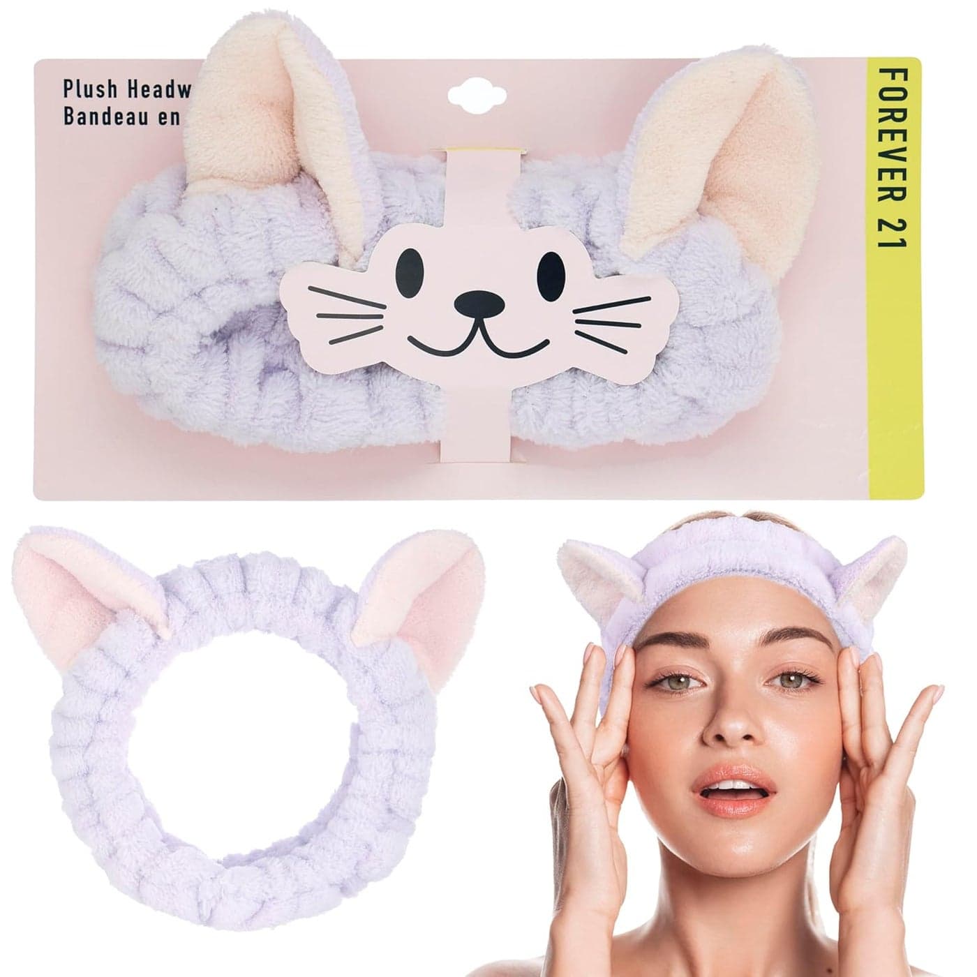 Forever 21 Plush Headwrap Purple Bear Plush Spa Headband Kawaii Headband for Washing Face Spa Essentials Self Care Accessories