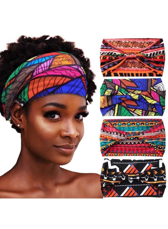 African Headbands Boho Knotted Hairbands Stretch Wide Head Wraps Elastic Yoga Turban Hair Scarfs Workout Printed Hair Accessories for Women Pack of 4 (Style A)
