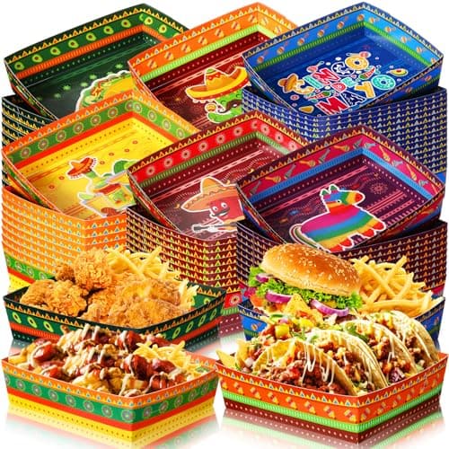 Harloon 36 Pack Mexican Nacho Trays 5 lb Extra Large Mexican Paper Food Trays Fiesta Disposable Cardboard Serving Boats for Cinco De Mayo Taco Fries Snacks Birthday Party Supplies(Bright)