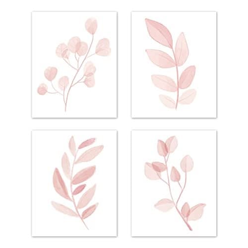 Sweet Jojo Designs Blush Pink and White Floral Leaf Wall Art Prints Room Decor for Baby, Nursery, and Kids - Boho Chic Bohemian Watercolor Botanical Flower Woodland Tropical Single Flower - Set of 4
