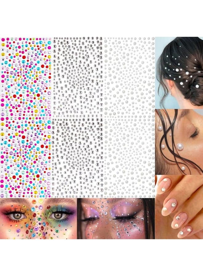 2100 Pcs Self Adhesive Rhinestones Face Gems Jewels for Makeup Pearl Eye Gems Stick On, Rainbow & Clear Flatback Rhinestones Pearl Stickers Hair Body Jewels Nail Art Christmas Craft Diy Festival Party