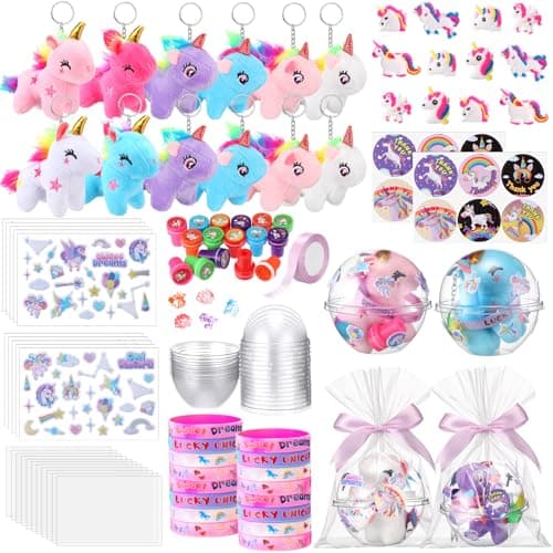 JellyArch 120 Pcs Unicorn Party Favor Bags Mini Unicorns Plush Stuffed Animals Bulk Unicorn Birthday Party Favors Keychain Gift Box Bracelet Sticker Signet Ring Goodie Bag Girly Filler Carnival Prize