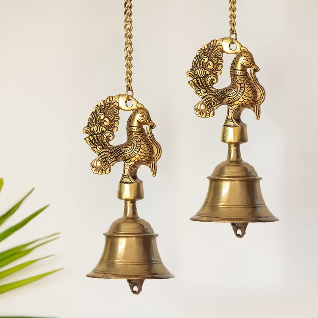 ExclusiveLane Elegant Peacock Brass Hanging Bells for Pooja Room Set of 2 37 x 37 x 77 Inch 22 KgGhanti Hanging Bells for Home Decoration Brass Hanging Bell for Mandir Bell for Pooja Room