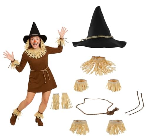 Nicky Bigs Novelties Adult Deluxe Felt Scarecrow Hat Rope Belt Straw Kit 11 Piece Accessory Set Oktoberfest Witch Costume, Black, One Size