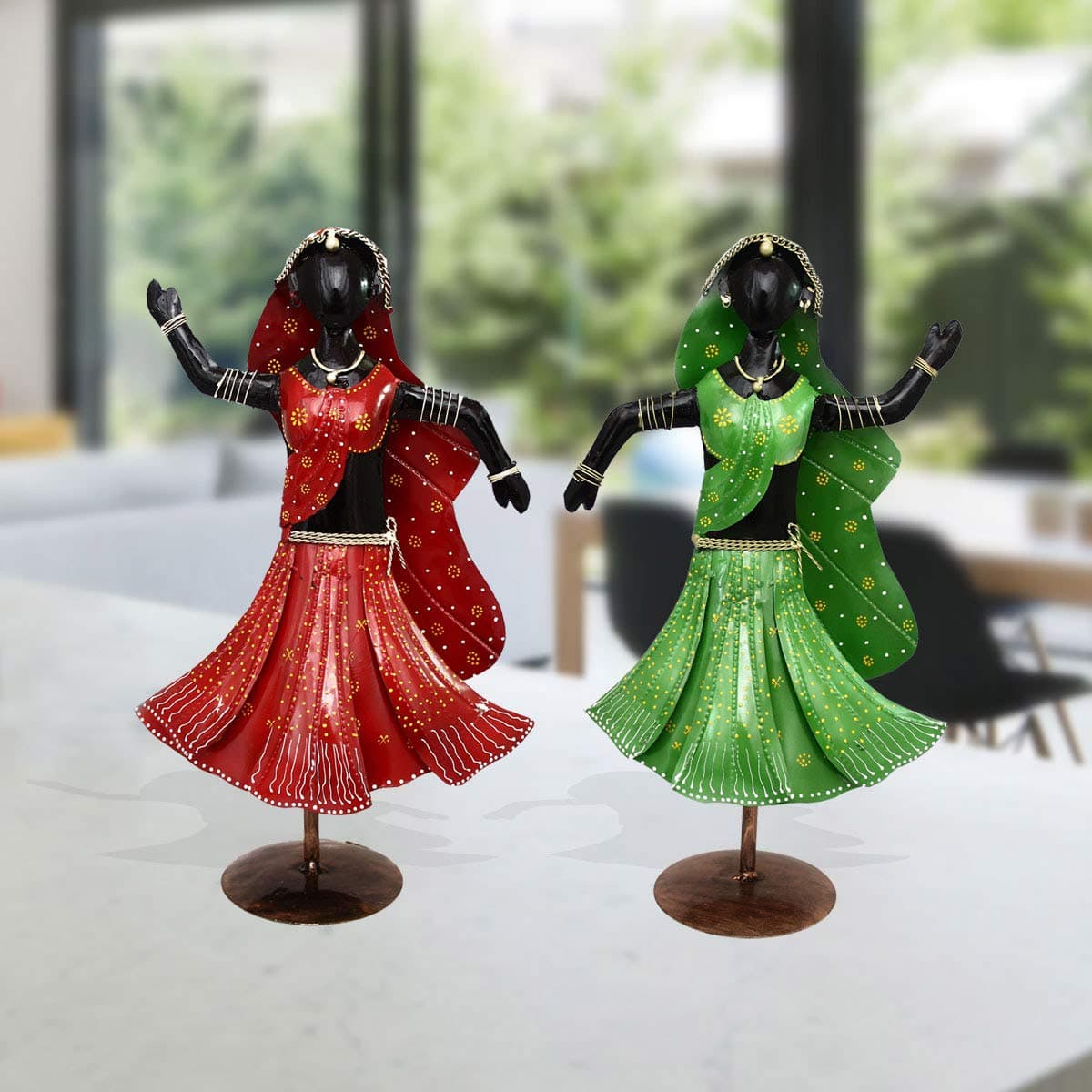 Handicrafts Paradise Wrought Iron Girls Doing Garba Decorative Gift Item Showpiece for Home Decor Multicolour 21 inch 2 Piece