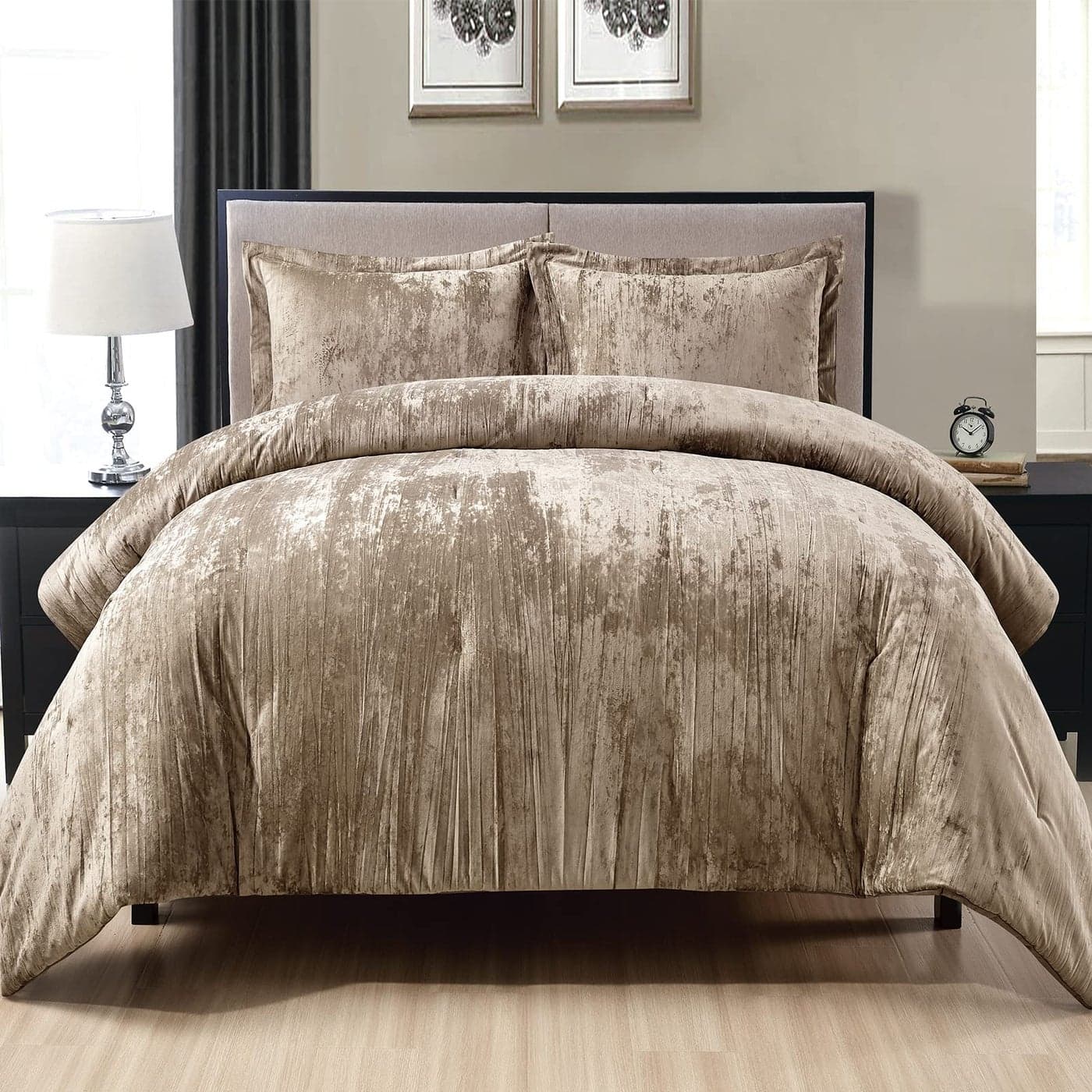 Fredsure Crinkle Velvet Comforter Set 3 Pieces Khaki Queen Crinkle Velvet Face and Brushed Microfiber Reverse