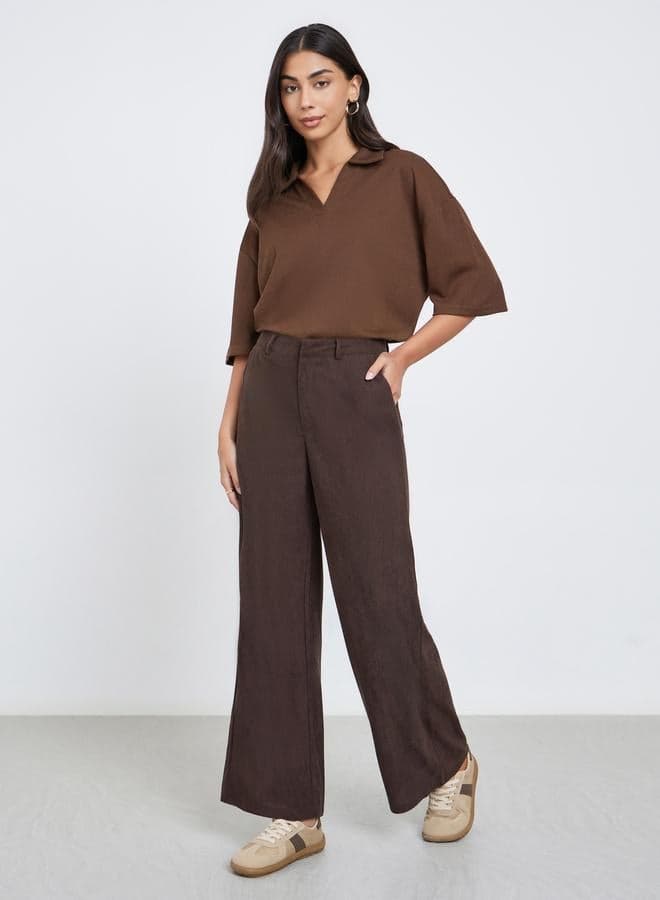 Women Brown Corduroy Flat Front Wide Leg Pants