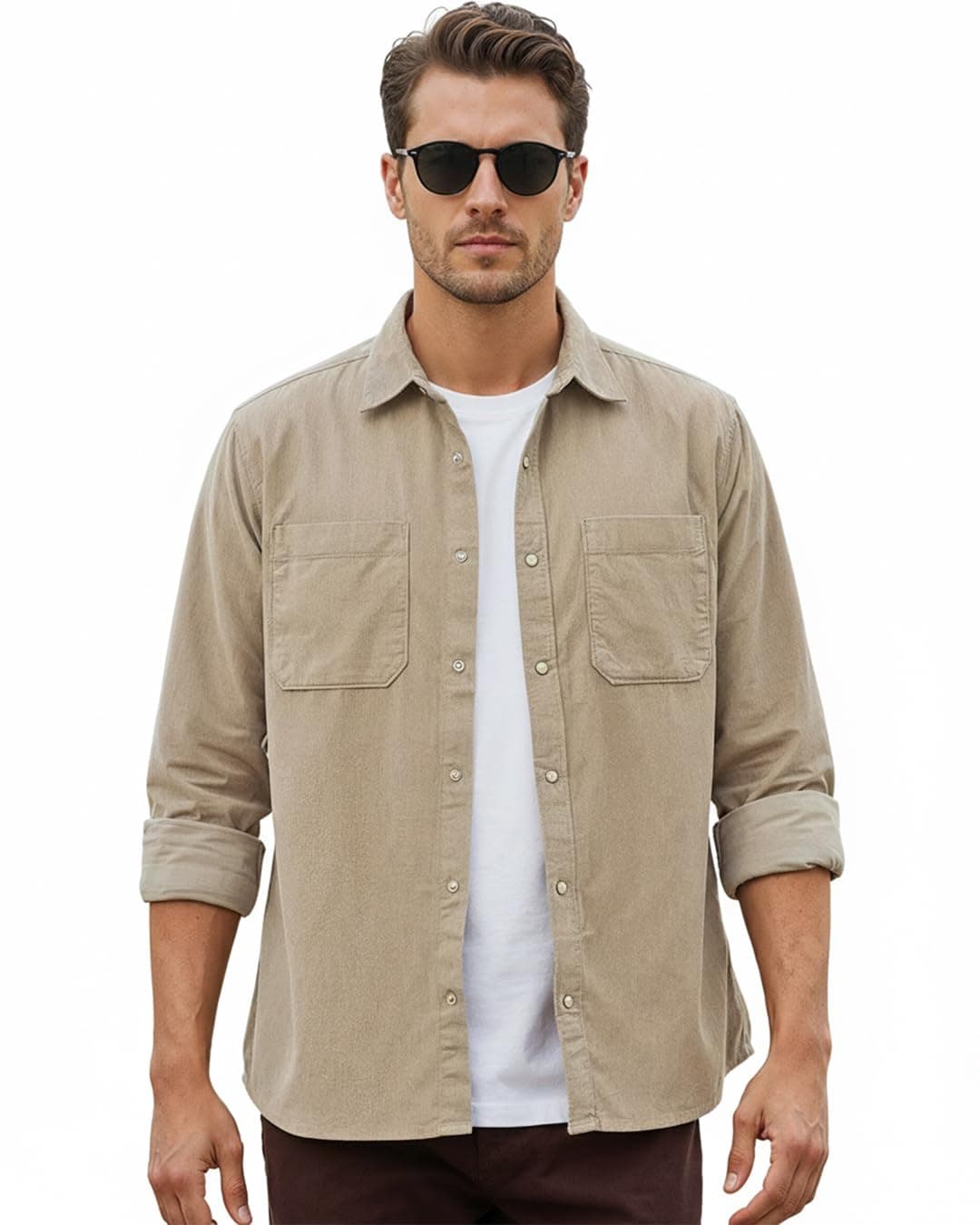 Bewakoof Men's Solid Regular Fit Full Sleeve Collared Corduroy Shirt_685456_Beige_M