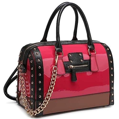 Dasein Women's Barrel Bag Shiny Patent Faux Leather Handbag with Rivet Decoration Top Handle Satchel Shoulder Purse (Large Fuchsia)