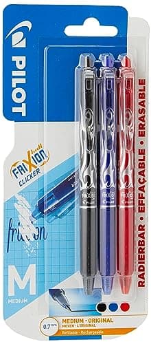 Pilot Frixion Clicker Retractable Erasable Rollerball 07 mm Tip BlackBlueRed Pack of 3