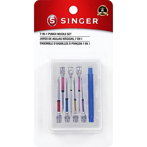 SINGER 8 Piece Punch Needle Embroidery Kit with 7 Assorted Size Punch Needle Heads Interchangeable Handle and Punch Needle Storage Case