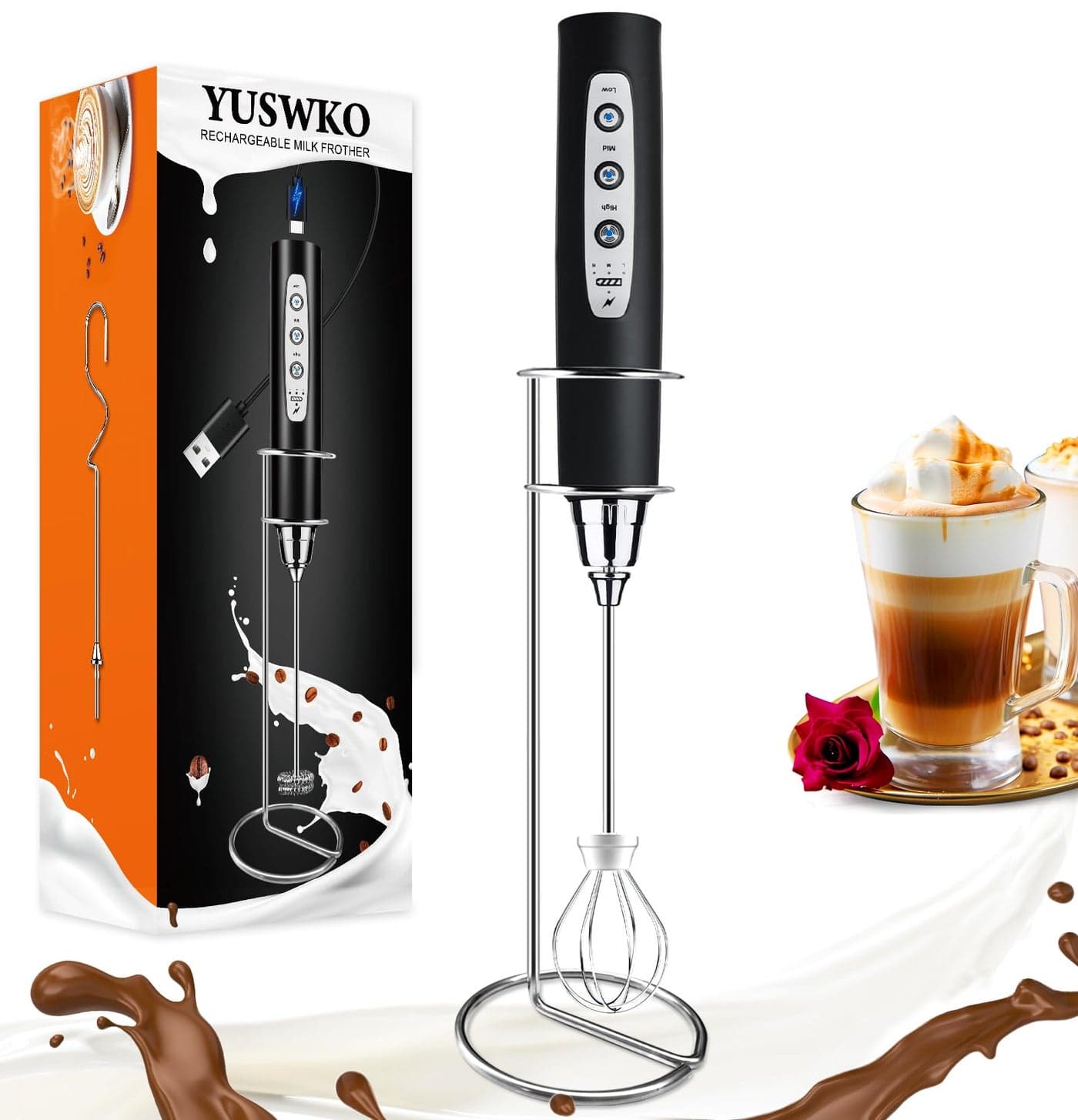 YUSWKO Black Handheld Milk Frother Wand with Stand for Coffee Rechargeable Electric Whisk with 3 Heads 3 Speeds Drink Mixer Coffee Frother For Latte Cappuccino Hot Chocolate Egg
