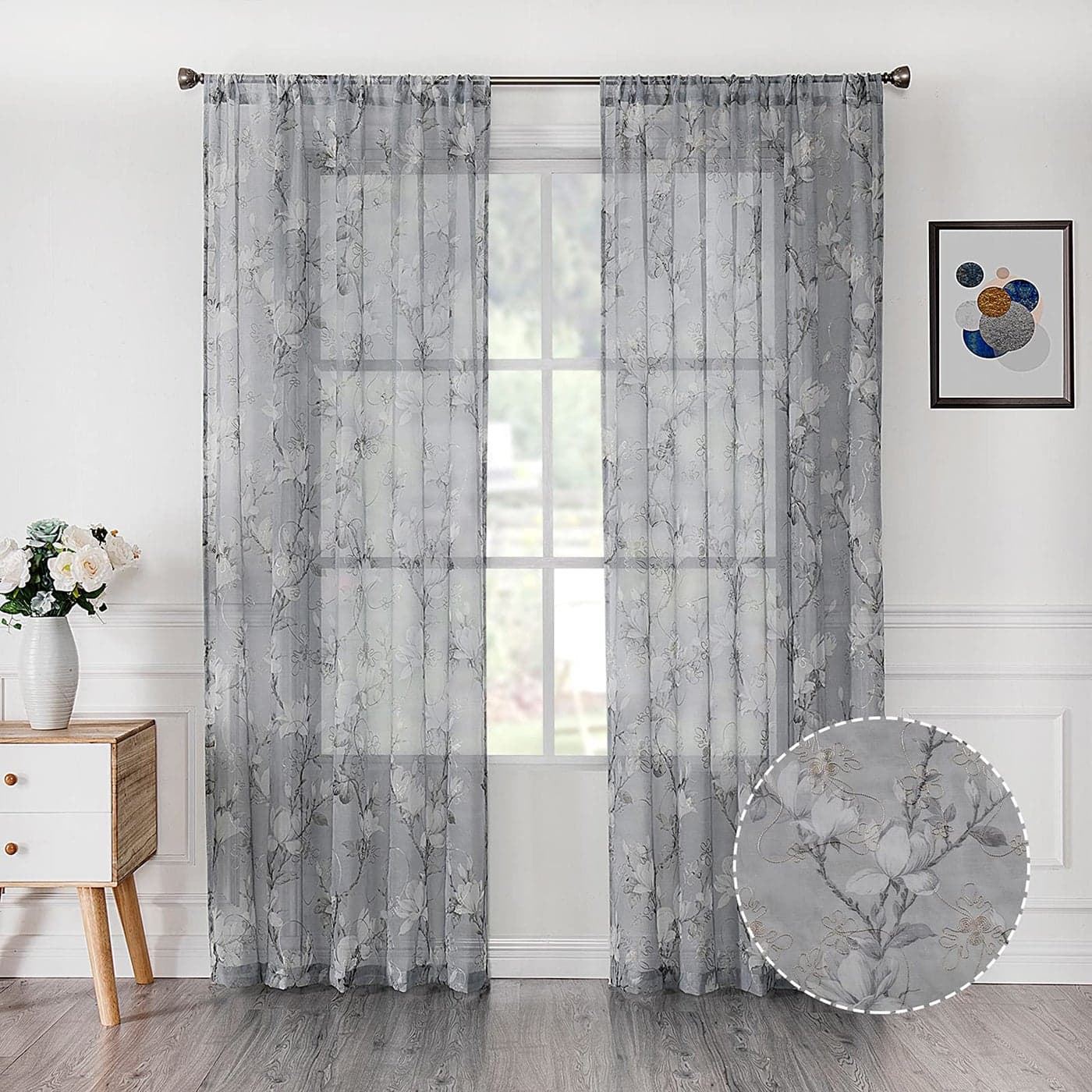Tollpiz Floral Grey Sheer Curtains Flower Print Vine Embroidery Bedroom Curtain Rod Pocket Voile Window Curtains for Living Room 54 x 63 inches Long Set of 2 Panels