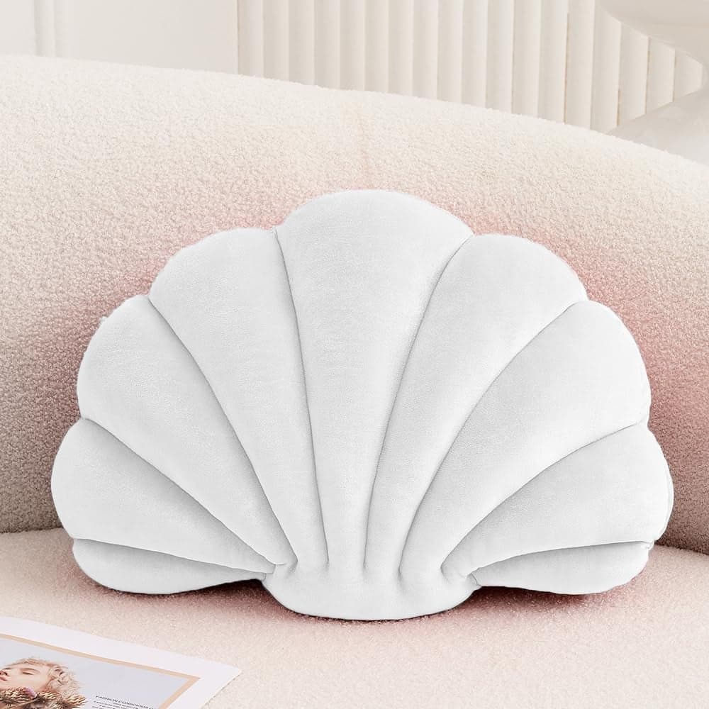 XIAIJIA Seashell Decorative Pillow Shell Shaped Throw Pillow 3D Insert Beach Pillow Soft Velvet Pillow Sea Ocean Decoration Couch Bed Pillow CushionsWhite14 X 11 inch
