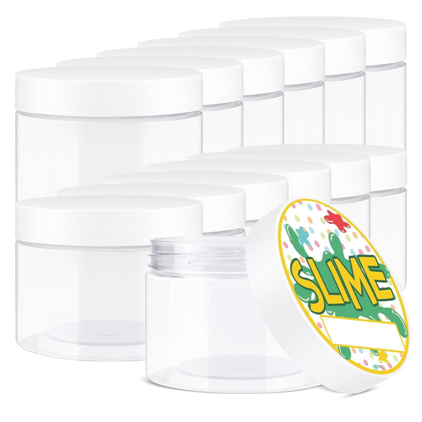 Opret 12 Pack 10oz Empty Slime Containers, Large Plastic Slime Jars with Lids and Labels Clear Storage Organizers for Slime Making, Food and Beauty Products, BPA Free