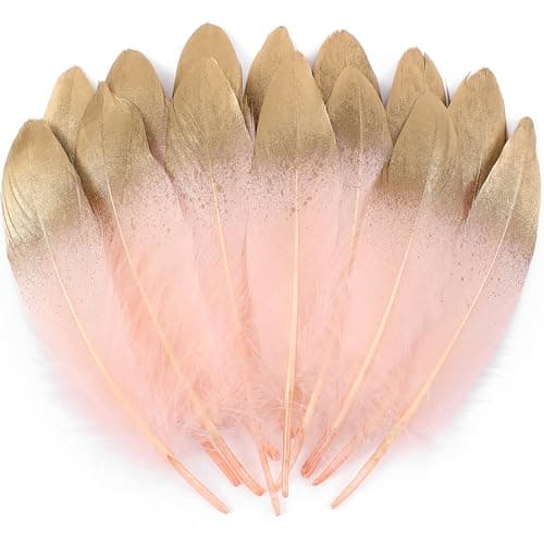 Larryhot Dipped Gold Pink Goose Feathers for Crafts 68 inch 60 pcs Natural Feathers for Wedding Party DecorationsDIY Crafts and Clothing Accessories Gold Pink