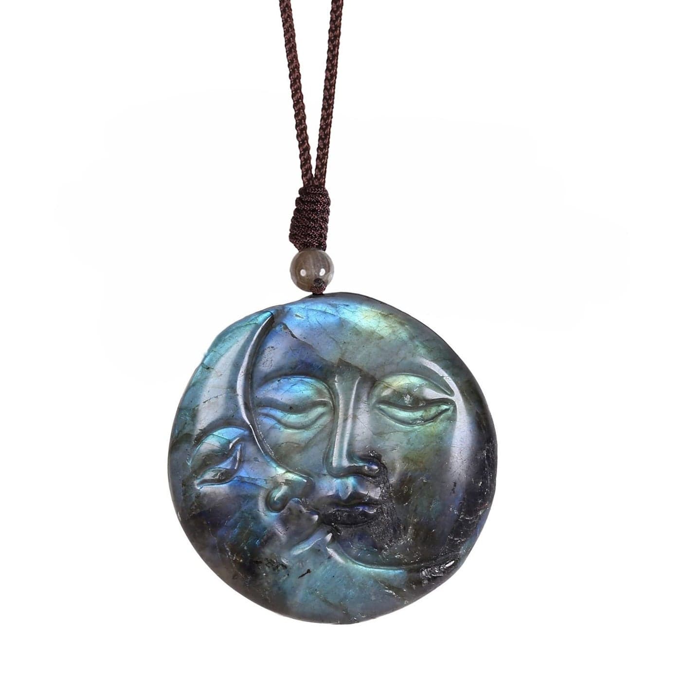 TUMBEELLUWA Natural Labradorite Pendant Necklace for Unisex Handcrafted Crystal Stone Amulet Necklace with Adjustable Cord, Sun Moon Face