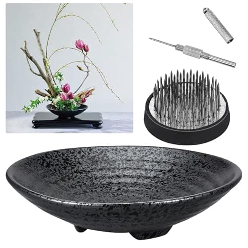 Japanese Ikebana Kit Floral Frog Flower Container with Kenzans Needle Straightening Tool - 1.8inch Black Flower Frog, 6.7inch Bowl Vase