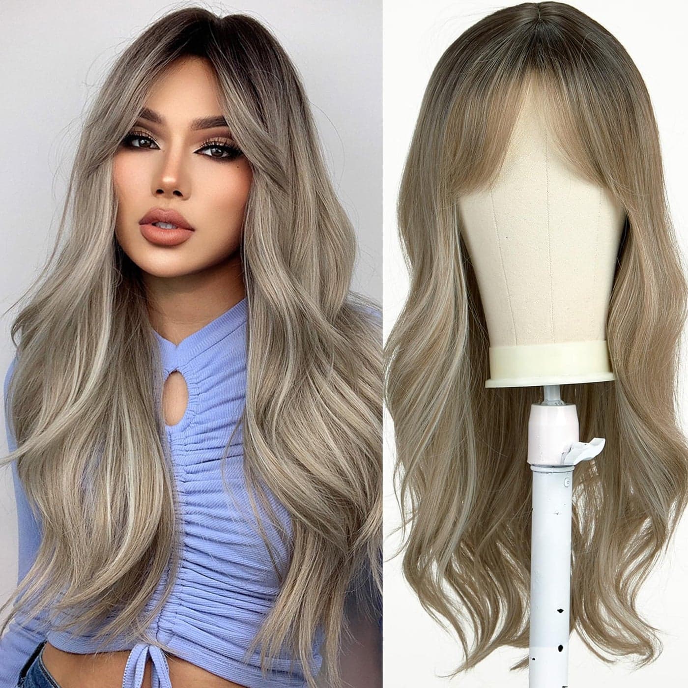 Esmee 24 Inch Long Wavy Copper Brown Gradient Silver Grey Womens Wig Natural Synthetic Hair Heat Resistant Gradient Wig for Everyday Party Cosplay Use