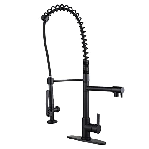WOWOW Commercial Kitchen Faucet with PreRinse Sprayer 28Inch Height Solid Brass Kitchen Sink Faucet 1 or 3 Hole Deck Mount Matte Black Spring Kitchen Faucet with Dual Swing Spout