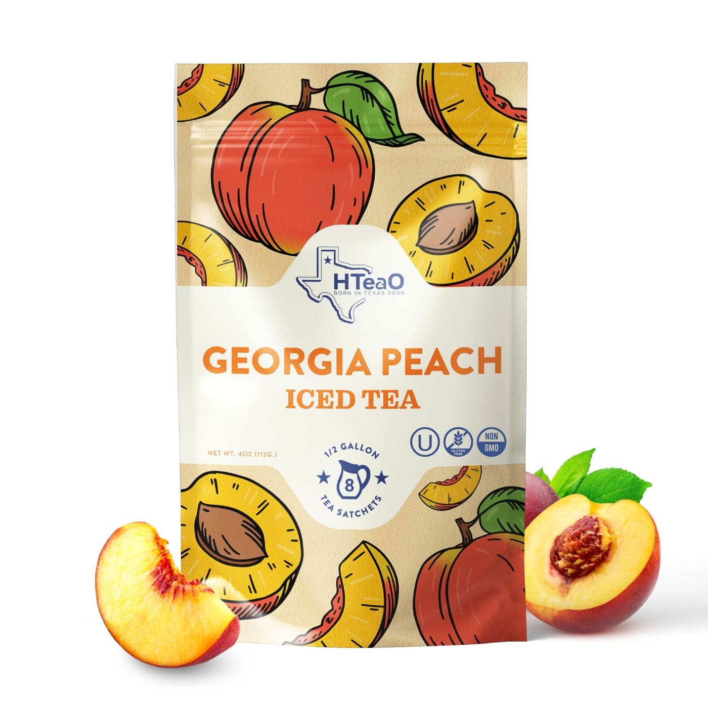 HTeaO Georgia Peach Black Tea Sachets - 4 Gallons Per Package - Real Texas-Style Flavored Iced Tea in 5 Minutes (Pack of 8 Sachet Bags)