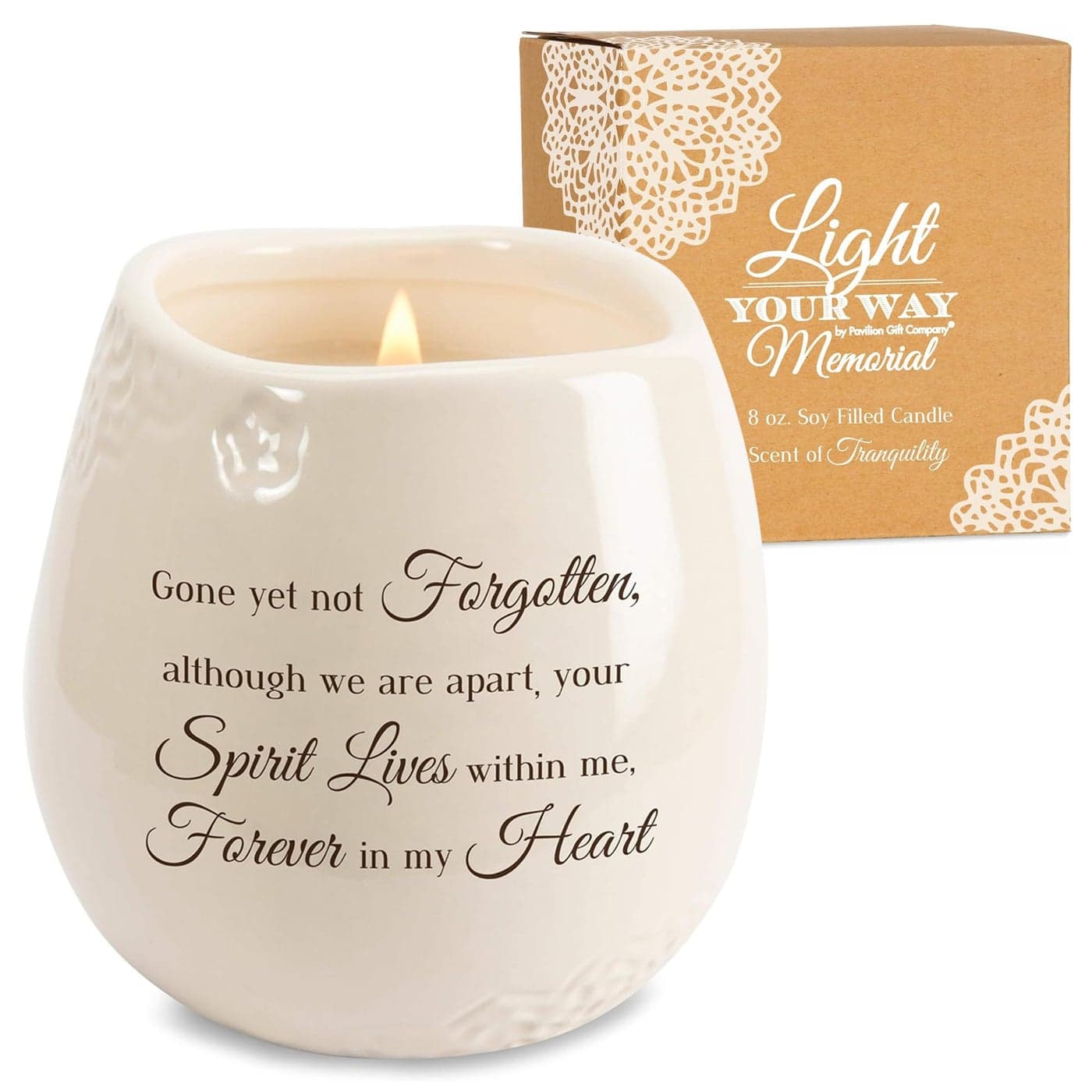 Pavilion 8 Oz Candle Holder White Ceramic Candle Jar with 100 Soy Wax Candle Tranquility Scent Gone Yet Not Forgotten Ideal Remembrance Gift for Love One Who Passed Printed Text Love Theme