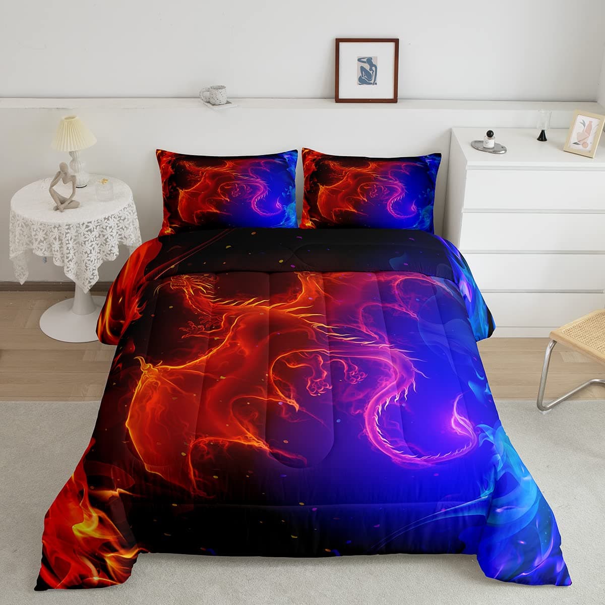 Erosebridal Dragon Comforter Set Nebula Bedding Set Twin Size Mysterious Outer Space Quilted Duvet Trippy Duvet Set for Kids Boys Girls Teens Young Man Room Decorative Blue Red