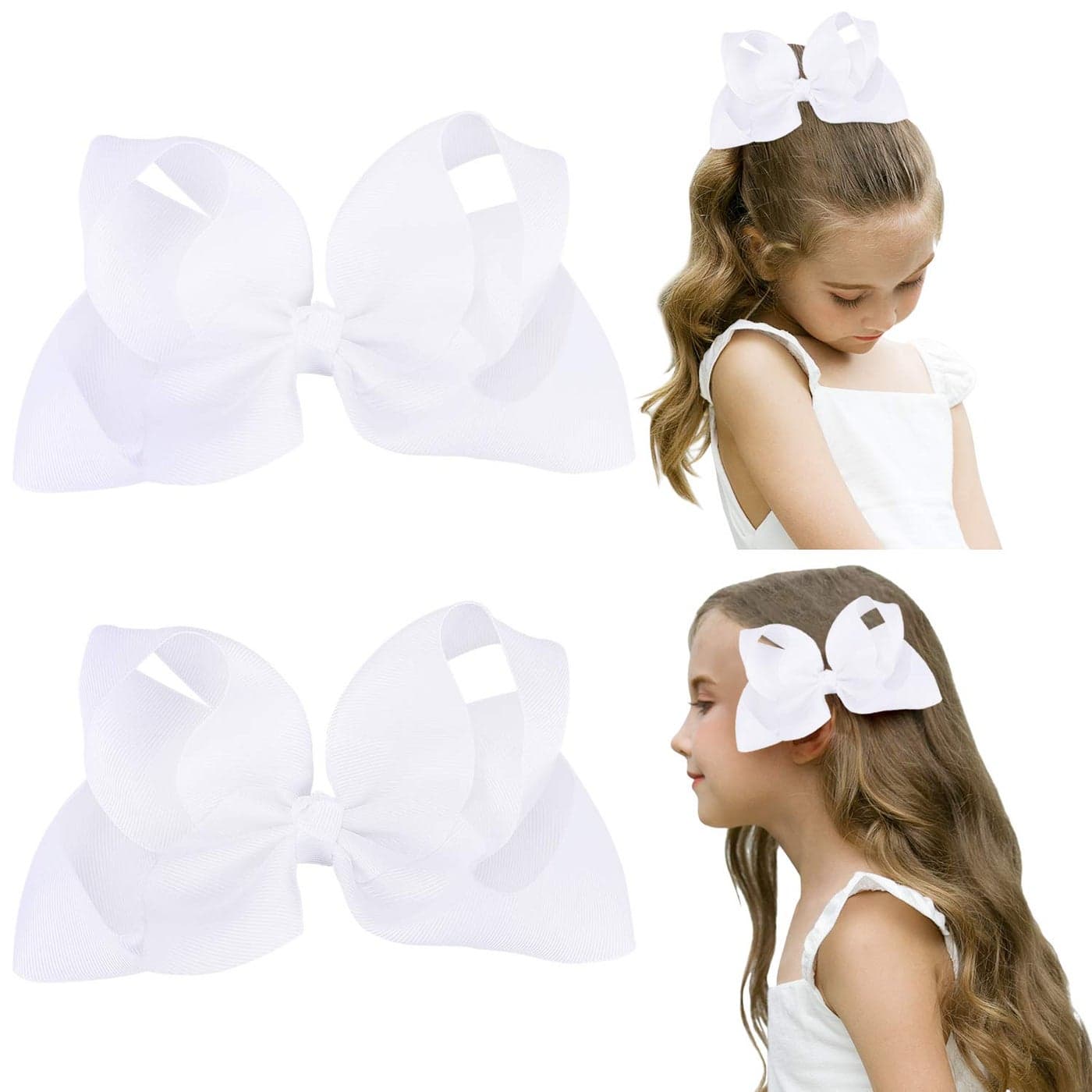 DEEKA 2 PCS 6 Big Handmade Grosgrain Ribbon Solid Color Hair Bows Alligator Clips Hair Accessories for Little Teen Toddler Girls Kids Set of 2 White