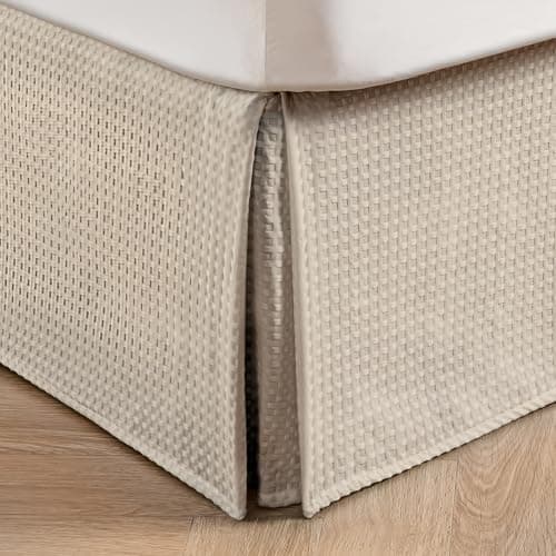 MIYE Pleated Waffle Weave Bed Skirt Tailored Dust Ruffle 12 Inch Drop Easy Fit Machine WashableNo Split Corners Beige Queen 12 Drop