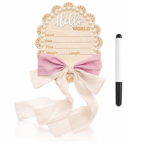 Wonhibo Pearl Bow Newborn Announcement Sign Baby Hospital Photo Prop Wooden Name Board Card for Birth Welcome Hello World for Girls