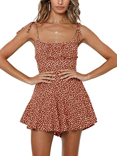 Jeanewpole1 Womens Floral Wide Leg Rompers Spaghetti Strap Tie Ruffle Short Jumpsuits (X-Large, Peach Red)