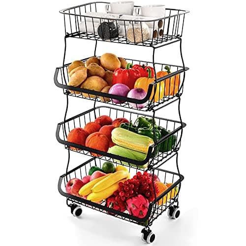 Fruit Vegetable Storage Basket 4 Tier Stackable Metal Wire Storage Baskets with Wheels Fruit Vegetable Produce Basket Organizer Bins for Kitchen Pantry Bathroom