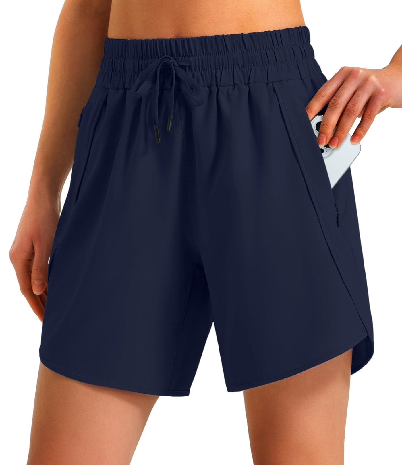 Ksmien Women's 5"/ 7" Athletic Running Shorts Quick Dry Lightweight Workout Gym Shorts with Zipper Pockets UPF 50+ Navy Blue L