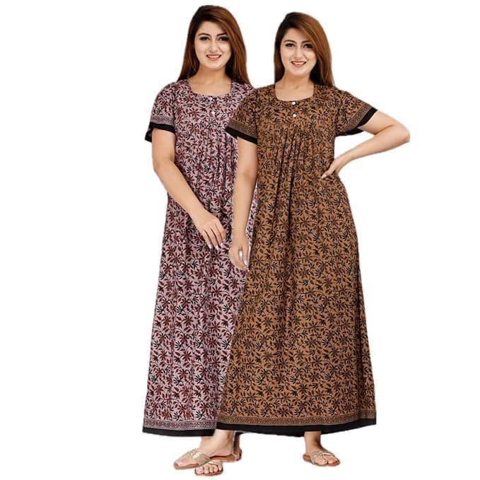 NILOUFO Women’s Cotton Printed Maxi Nighty – Pack of 2 Soft Ankle-Length Night Dresses | Free Size Sleepwear Gowns for Women (Purple,Brown, Free Size)