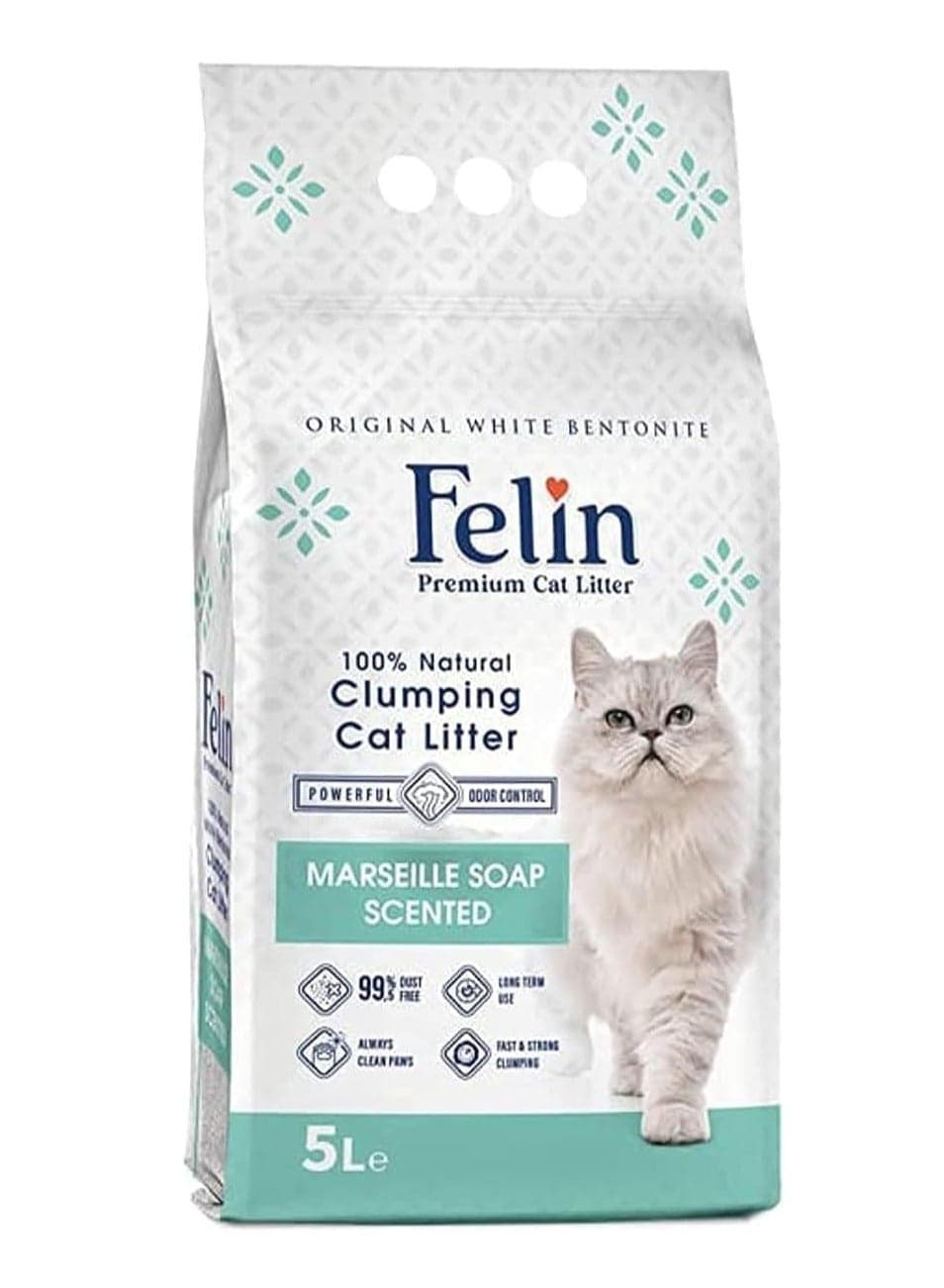 Felin Cat Litter Clumping 100% Natural Bentonite Clumping 99.5% Dust Free Forever Fresh Pet Friendly Fighting with Odors Marseille Soap Scented 5 L