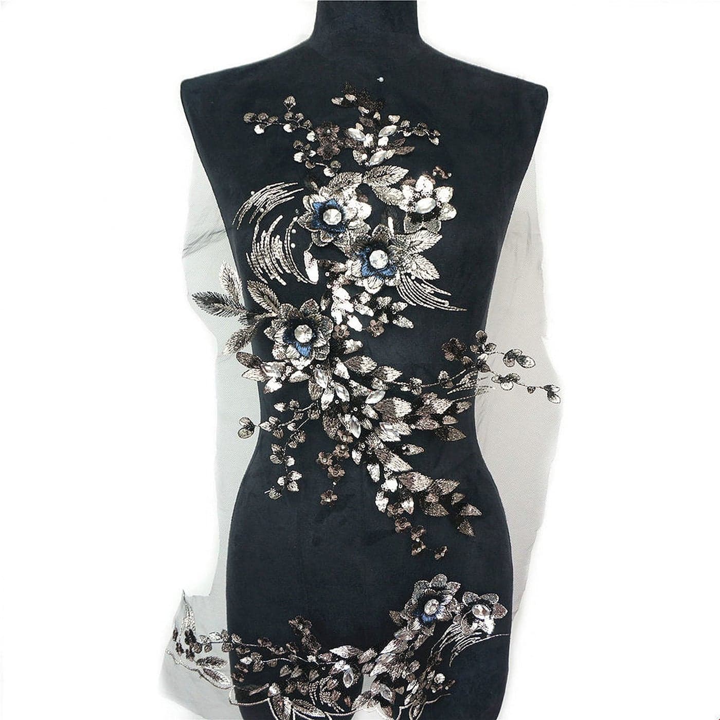 Fabric 3D Flowers Beads Patches Sequins Rhinestone Appliques Embroidery Lace Trims Mesh Sew On Patch for DIY Wedding Dress Black