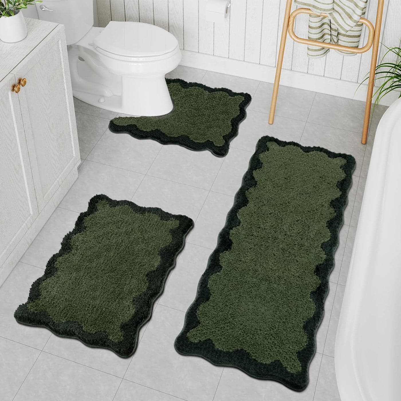 Uphome Scalloped Bathroom Rug Set 3 Piece Green NonSlip Cute Absorbent Long Rugs with UShaped Contour Toilet Rug Fun Machine Washable Shaggy Mats for Tub Shower