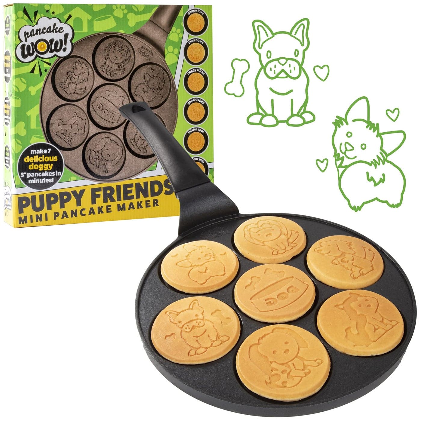 Puppy Friends Mini Pancake Pan Make 7 Unique Flapjacks Nonstick Griddle w Long Handle for Breakfast Pup Animal Fun Easy Cleanup Fun Dog Related Gift for Kids Adults Boys Girls Party Treat