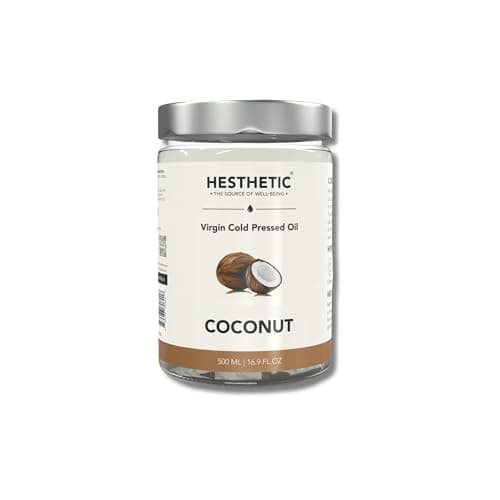 HESTHETIC Premium Virgin Cold Pressed Coconut Oil – 500ml Glass Jar, 100% Pure & Natural for Cooking, Baking, Smoothies, Hair & Skin Care, Massage, Oil Pulling & More