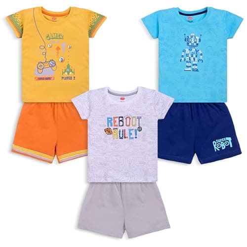 LuvLap Baby Boys Pack Of 3 Half Sleeve T-Shirt & Shorts Set 100% Cotton Printed, M (3 To 6 Months), Multicolor