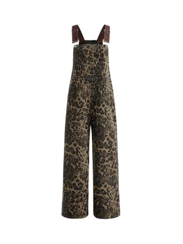 CIDER Overalls for Women Denim Leopard Pocket Buckle Up Wide Leg Jumpsuit: Tan, XL