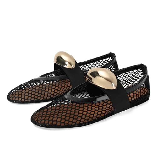 MICIFA Mesh Ballet Flats for Women Metal Decor Ballerina Mary Jane Flats Round Toe Buckle Casual Dress Ballet Flats Shoes BlackGold